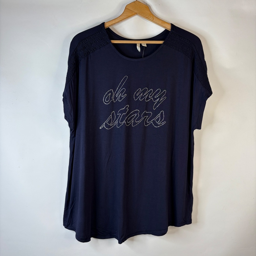 Live Well Lifestyle Graphic Tee Women 18/20W Navy Oh My Stars Smocked Shoulder